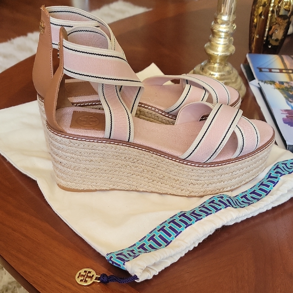 Tory Burch Pink and Tan Women's Wedge Sandals